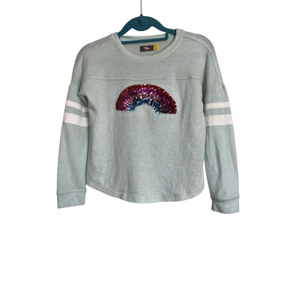 Rumi + Ryder Top Girls Medium Blue Green Rainbow Sequin Long Sleeve Trendy NWT